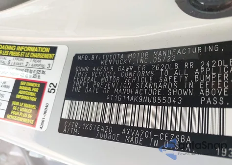 2022 Toyota Camry Se from USA, damaged, VIN 4T1G11AK9NU055043